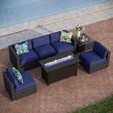 PHI VILLA Patio Furniture Set 9 Pieces Outdoor Sectional Rattan Sofa with Gas Fire Pit Table Wicker Patio Conversation Set with Coffee Table CSA Approved Propane Fire Pit(Furniture Cove