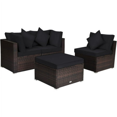 Spaco 4 Pieces Ottoman Garden Patio Rattan Wicker Furniture Set with Cushion-Black Wicker Furniture Conversation Sets Coffee Table for Garden Poolside Backyard