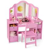 Costway Kids Vanity Table & Chair Set 2-in-1 Princess Pretend Play Makeup Vanity Set Pink
