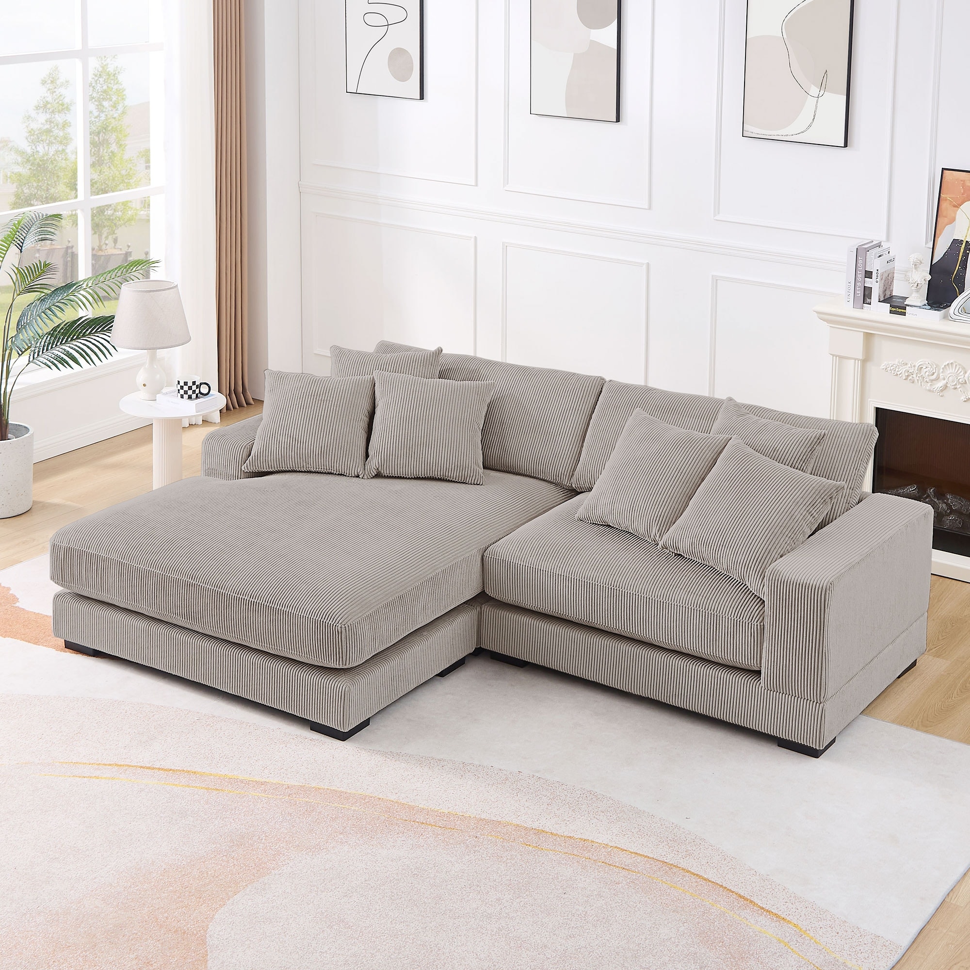 106.28inch Sectional Couch Covers L Shaped Corduroy Sofa Covers Chaise Lounge Cover 2 Pieces with 6pcs Pillows
