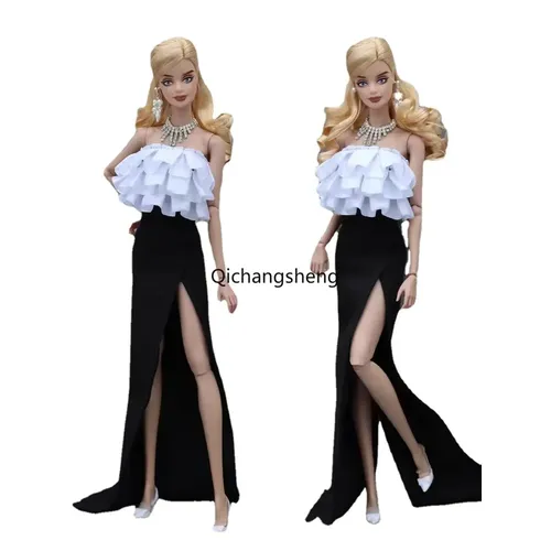 Mode 11.5 Puppen kleider für Barbie Puppen Outfits Set weiß Top schwarz Rock für Barbie Kleid