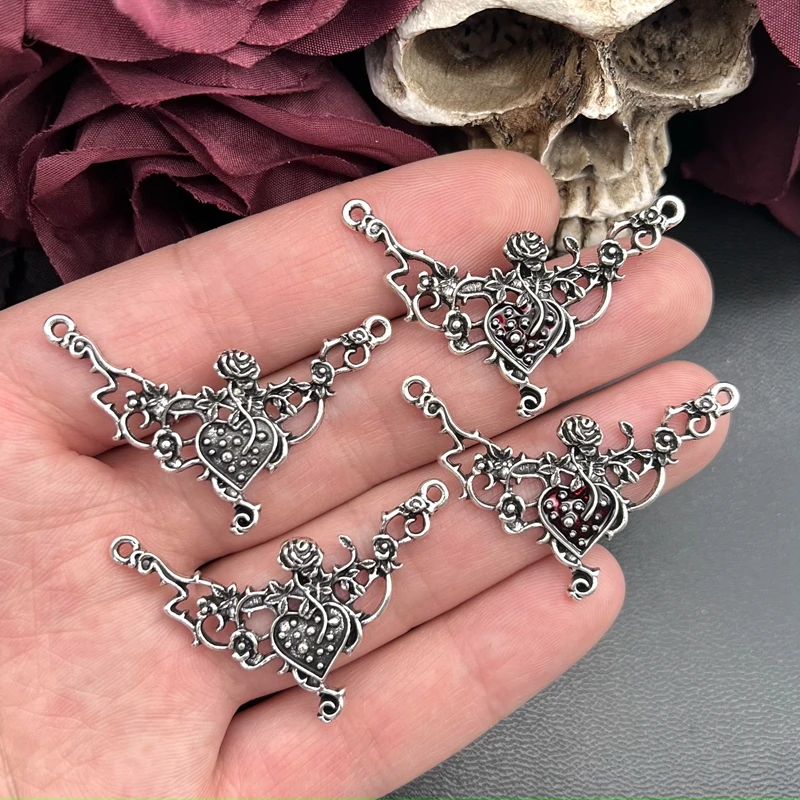 5 Stück 45x30mm Anhänger Gothic Schmuck Vintage Halloween Weihnachtsgeschenk Rotes Herz Rose Anhänger DIY Schmuckherstellung