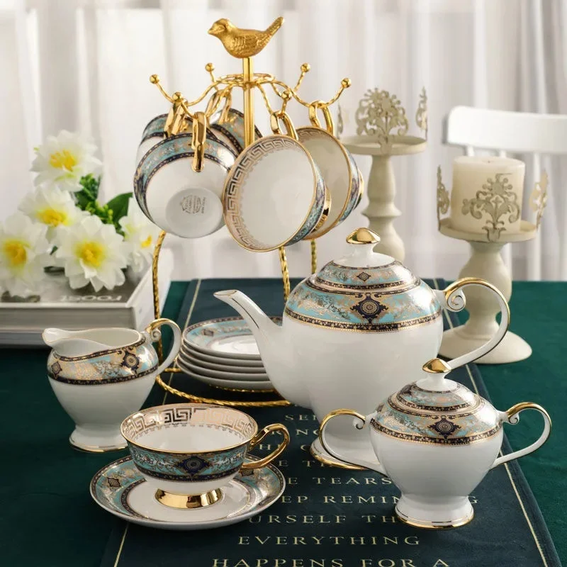 Gold Gemalt Knochen China Kaffee Set Porzellan Tee-Set Keramik Topf Zucker Schüssel Creamer Teekanne Milch Krug Cafe Tasse Becher coffeeware Image