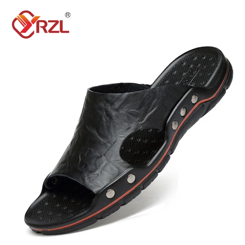 YRZL Sandalen Herren Leder Klassische Sommer Herren Hausschuhe Weiche schwarze Hausschuhe PU Leder Hausschuhe Leichte EVA Slides für Herren