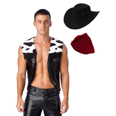 Herren Western Cowboy Cosplay Weste Kuh Druck Flanell Gespleißt Strickjacke Vorne Offen Quaste Weste Oberbekleidung Halloween Kostüme Image