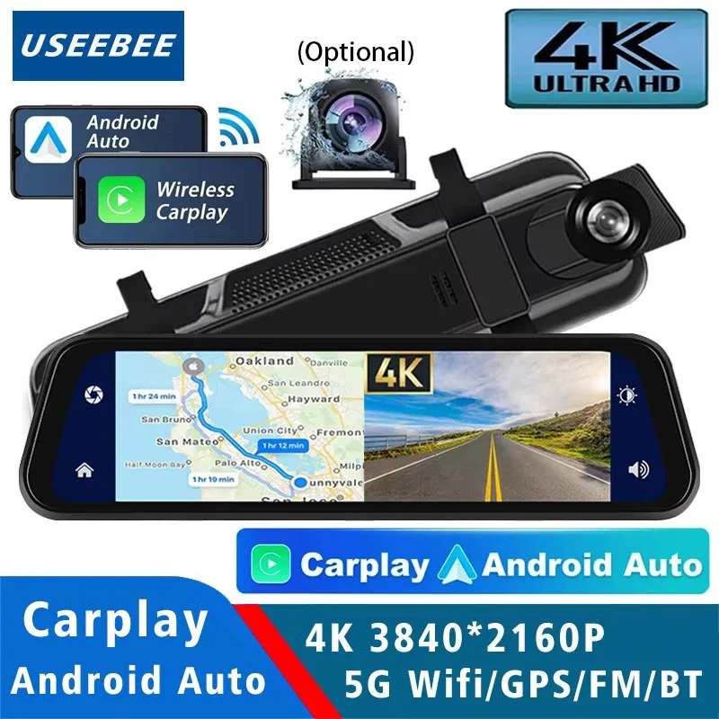 Dash Cam 4K 2160P Auto Dvr Carplay Android Auto Stream Rückspiegel GPS 5G WIFI FM Radio AUX Dashcam Auto Kamera Stick Recorder Image