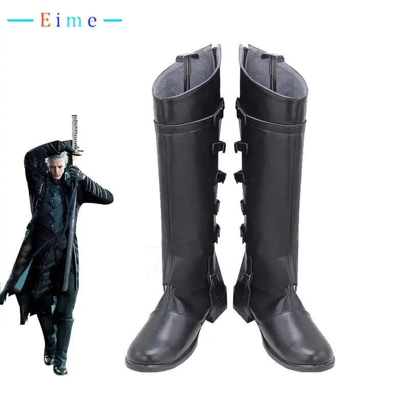 Vergil Cosplay Schuhe schwarz Pu Lederschuhe Halloween Karneval Stiefel Cosplay Prop nach Maß