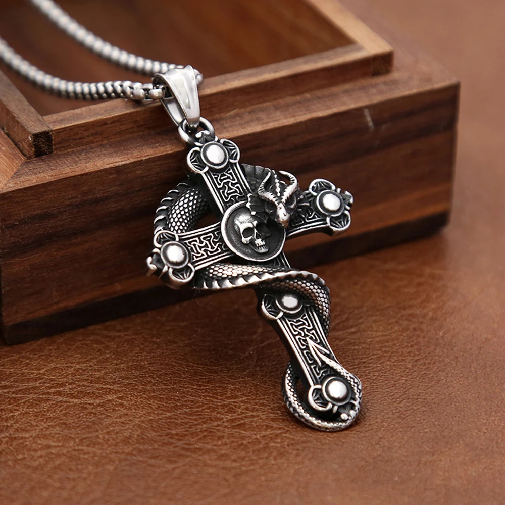 Gothic Vintage Drachen Anhänger für Männer Jungen Punk Edelstahl Kreuz Schädel Halskette Biker Amulett Mode Schmuck Geschenk Großhandel Image