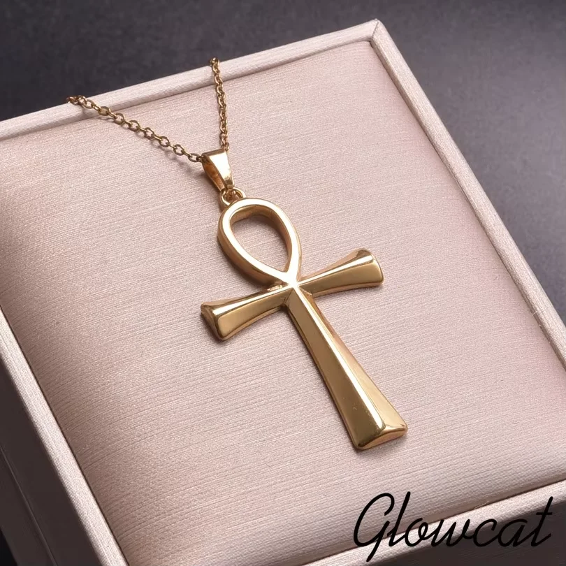 GLOWCAT Altes Ägypten Anke Kreuz Anhänger Halsketten Für Frauen Männer Zubehör Kein Verblassen Einfache Edelstahl Halskette Halsband Geschenk Image