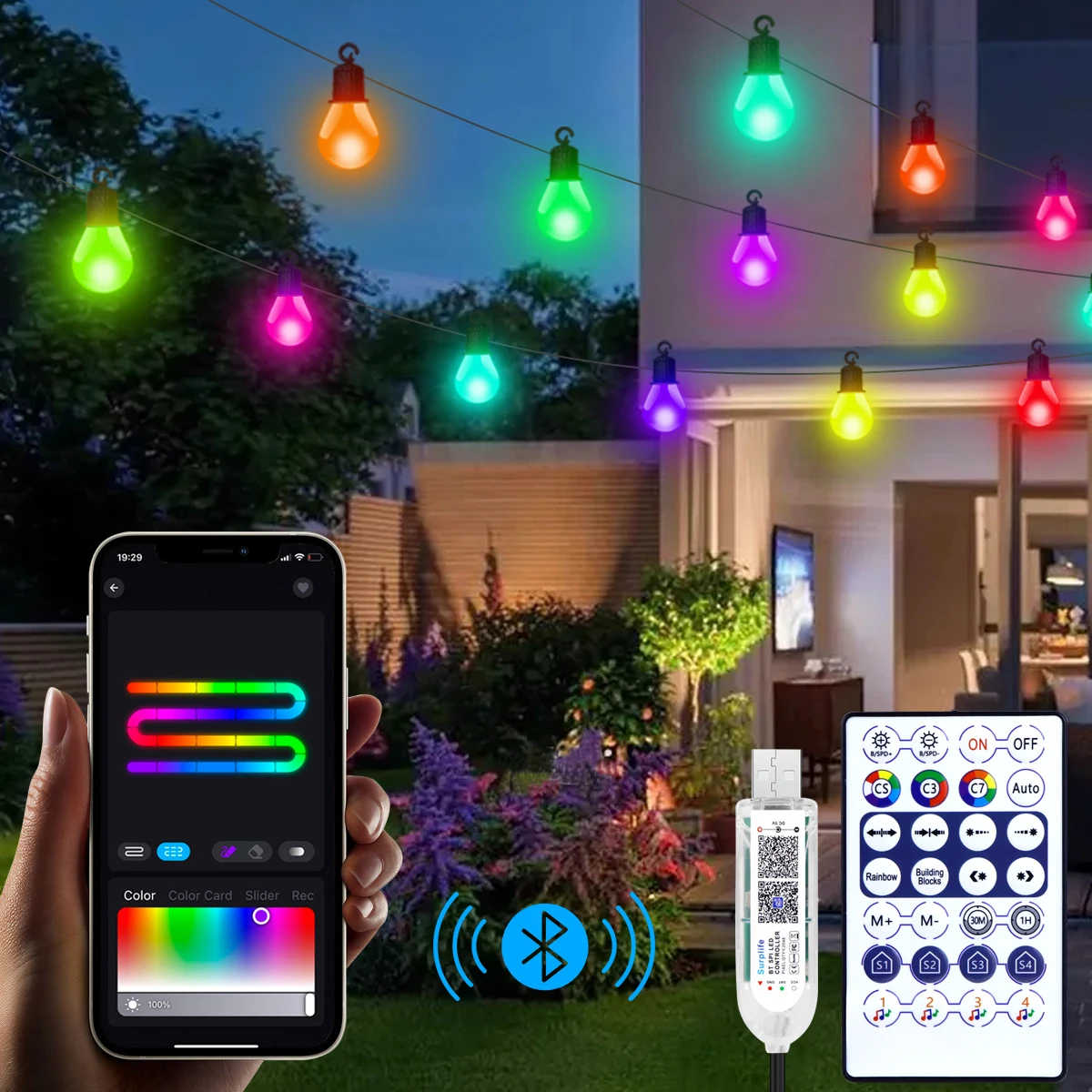 Wasserdichte LED-Lichterkette für den Außenbereich, USB, 15 m, 25 Glühbirnen, Lichterkette, Bluetooth-LED-Girlandenlampe, Zimmer, Garten, Camping, Weihnachtsdekoration