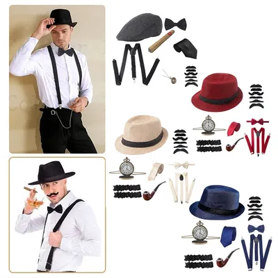 1Set 1920er Jahre Cosplay Kostüm Hut Taschenuhr Krawatte Schnurrbart Bowtie Gatsby Maskerade Zubehör Image