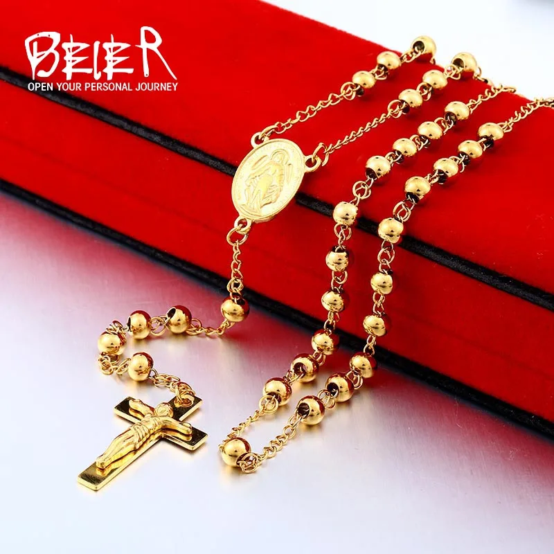 Beier 3 Farbe Kruzifix Edelstahl Perlen Jesus Kreuz Anhänger Halskette Lange Kette für Mann Frauen Christliches Geschenk Schmuck BN1050 Image