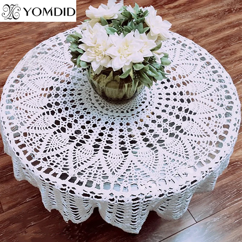 YOMDID Runde handgemachte gehäkelte durchbrochene Tischdecke aus Baumwolle mit Spitzenmatte, Tischset, Tischdecke für Zuhause, Hochzeit, Valentinstag, Dekoration Image