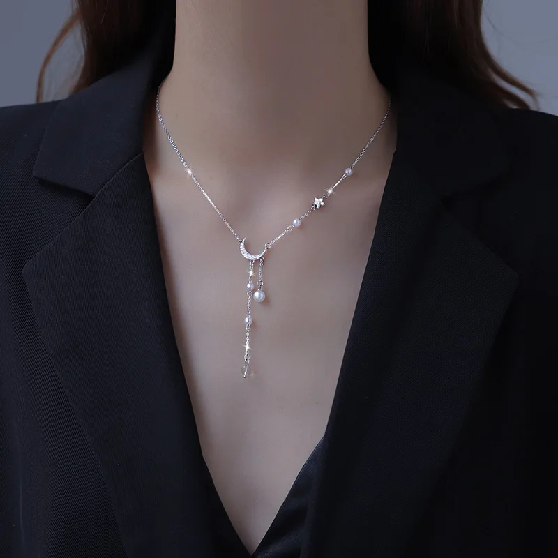 Nuova collana in argento sterling 925 con stella lunare, perla, nappa, catena con clavicola, ciondolo con zirconi scintillanti, accessori per gioielli da sposa
