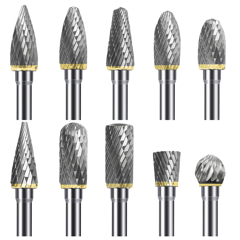 Set di frese in metallo duro 10 pezzi Set di frese rotanti in carburo di tungsteno a doppio taglio con gambo da 1/8 "con punte Dremel per lucidatura di intaglio del legno in metallo