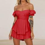 SSAAVKUY Womens Fashion Summer Sexy Solid Shorts Jumpsuits Elegant Ruffle Off Shoulder Dressy Rompers Outwear Comfy Trousers 2024 Red XL
