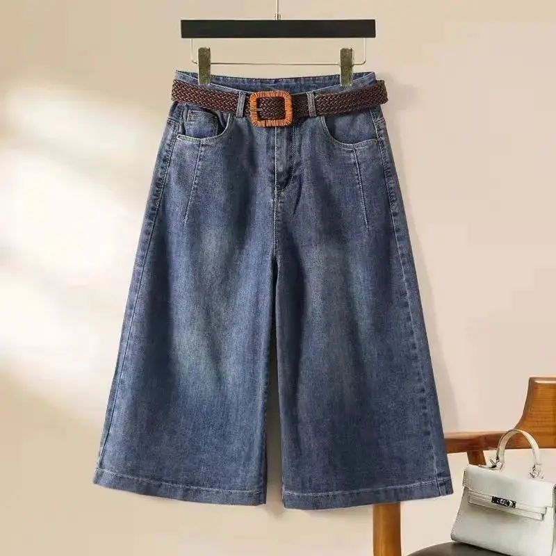Blau Denim Casual Vintage Hohe Taille Mit Gürtel Lose Breite Bein frauen Hosen Koreanische Mode Knielangen Hosen Für Frauen 2024