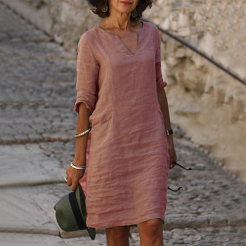 Damen Midikleid Kunstbaumwollleinen Shiftkleid Freizeitkleid Basic Klassisch Täglich Outdoor Urlaub Normale Passform Einfarbig Halbarm V Ausschnitt Blau Gelb Rosa Grün Sommer Frühling Image