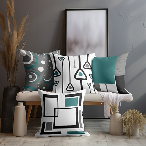 Dekorativer blauer geometrischer Kissenbezug, 4-tlg., weicher quadratischer Kissenbezug für Schlafzimmer, Wohnzimmer, Sofa, Couch, Stuhl Image