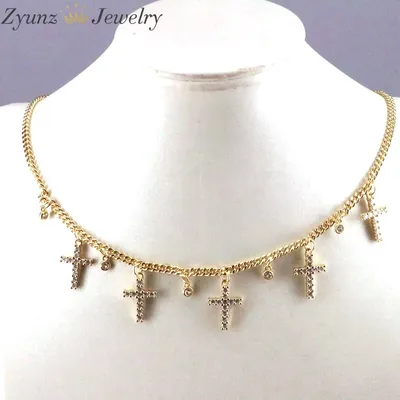 5PCS, New arrive fashion cz statement gold color cz drop cross charm delicate chain fashion women