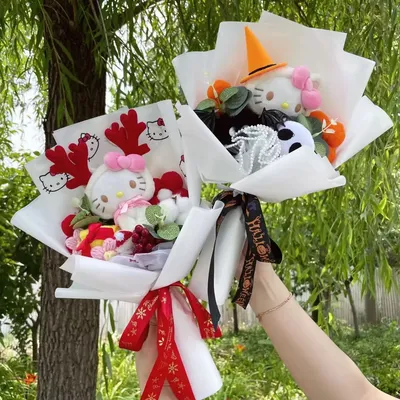Cartoon My Melody Kuromi Cinnamoroll Kt Cat Stich Doraemon Plush Doll Toy Flower Bouquet Halloween
