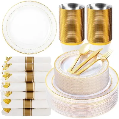 Clear Plastic Plates with Gold Trim for 50 Guests, Disposable Dinnerware Set for Party, Includes