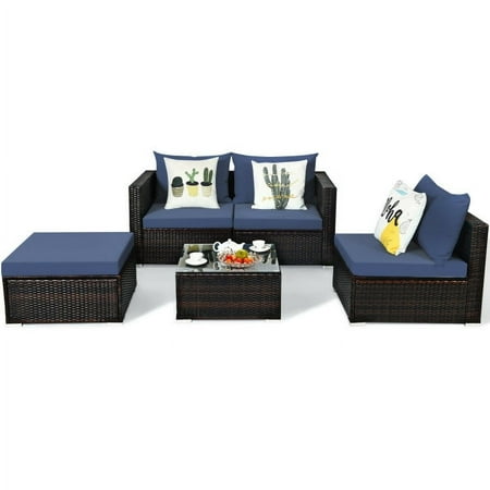 Spaco 5 Pieces Patio Rattan Sectional Furniture Set with Cushions and Coffee Table -Navy Wicker Furniture Conversation Sets Coffee Table for Garden Poolside Backyard