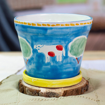 Serene Cows,'Painted Cow and Tree Blue Ceramic Flower Pot and Saucer'