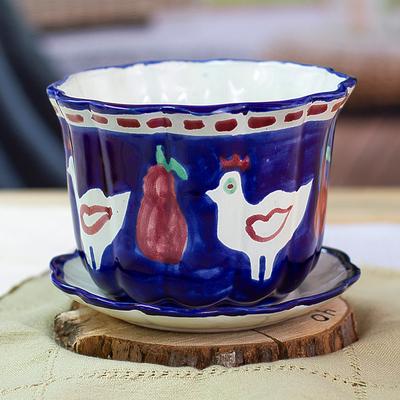 'Dove and Fruit-Themed Blue Ceramic Flower Pot and...