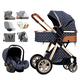 3 in 1 Baby Stroller Carriage for Newborn, Baby Stroller Upgraded Infant Single Bassinet Seat Toddler Pram Stroller Luxury Pushchair with Rain Cover, Footmuff, Mosquito Net (Color : Khaki) (Blue