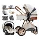 3 in 1 Baby Stroller Carriage for Newborn, Baby Stroller Upgraded Infant Single Bassinet Seat Toddler Pram Stroller Luxury Pushchair with Rain Cover, Footmuff, Mosquito Net (Color : Khaki) (Beig