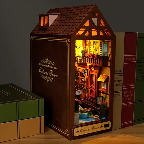Bücherregal Set Puppenhaus Holz beleuchtet DIY Buch Nook Kit 3D Puzzle Montage Gebäude Modell Buchs