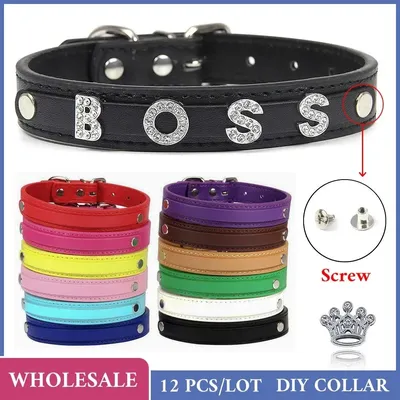 12 PCS Wholesale Plain PU Leather DIY Name ID Dog Collar Custom Letters Charms Puppy Cat Neck Strap