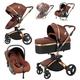 3 in 1 Baby Travel System Pushchair Baby Stroller Portable Travel Baby Carriage Folding Baby Prams Aluminium Frame High Landscape Car for Newborn Babyboomer Poussette (Brown)