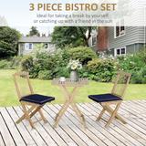 Rustic Outdoor Pine Wood Bistro Set - Folding Patio Table and Chairs with Cushions for Garden, Poolside, and Balcony, Dark Blue