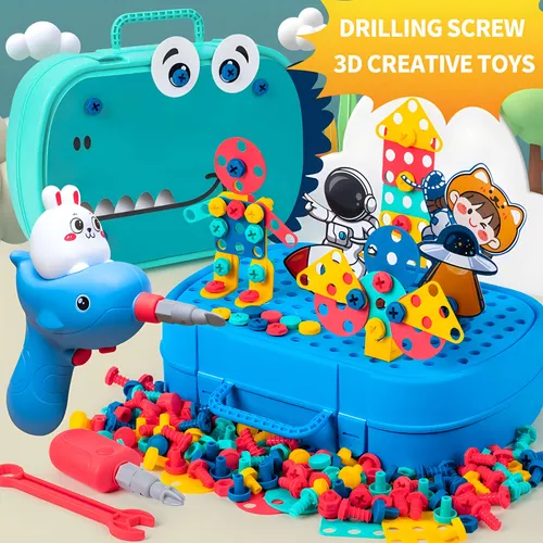 Kinder elektrische Bohrmaschine und Schraubens atz kreatives Mosaik mit Spielzeug bohrer & Kinder