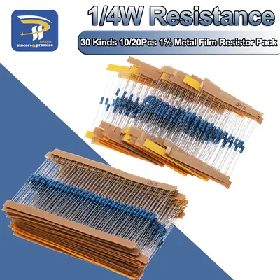 30 Arten je 10/20-teiliges Kit, 1/4 W Widerstand, 1 % Metallschichtwiderstandspaket, sortiertes Kit, 600 Stück/Set, 1 K, 10 K, 100 K, 220 Ohm, 1 m, 300 Stück/Set Image