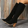 Stiefel Frauen Cowboy Heels Westlichen Klobigen Schuhe Leder Knie Hohe Lang Elegante Designer Plus