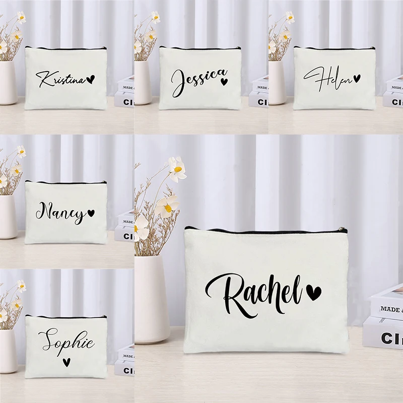 Sac à main personnalisé avec nom et cœur pour dames, cadeau de mariage, pochette pour professeur d'école, trousse de maquillage en toile, évaluation cosmétique de voyage