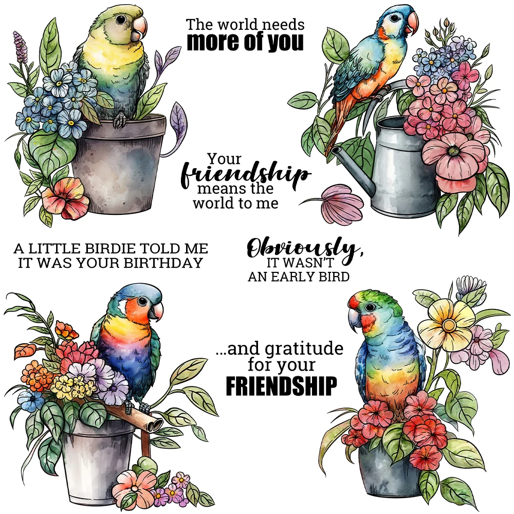 Mangocraft Parrot Birds Stand On Potted Flowers Clear Stamps DIY Scrapbooking Supplies Silicone Stamp For Cards Albums Decor