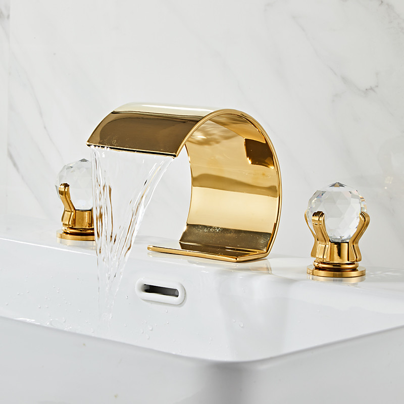 Bathroom Faucet 3 Hole Dual Crystal Knobs Widespread 3 Holes Vanity Basin Mixer Tap Bathtub Filler Faucet Waterfall Faucet for Bathroom(Golden/Black/Chrome)