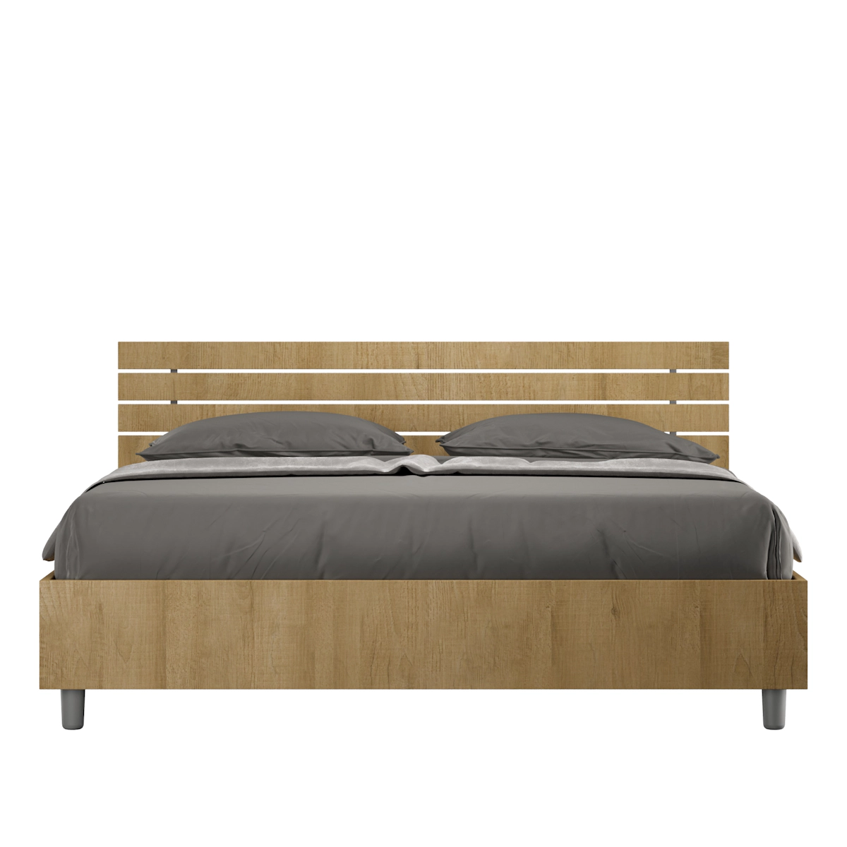 Doppelbett mit Stauraum und Hubfunktion (160 x 190 cm), schräges Kopfteil mit Lattenrost aus Ankel-Eiche
