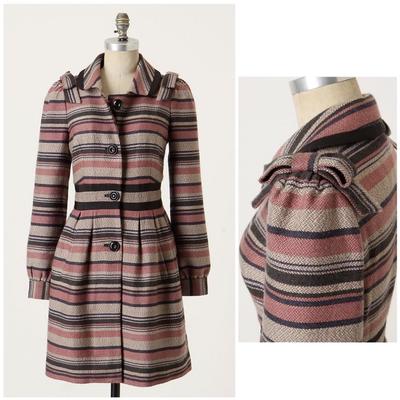Anthropologie Jackets & Coats | Anthropologie Pea Coat Elevenses Pattern Maker Stripe Jacket Puff Sleeve | Color: Blue/Pink | Size: 10