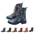 COVIDI Women's Round Toe Embroidered Cowboy Boots,Vintage Artificial Pu Floral Western Leather Boots,Winter Chunky Heel Dress Boots (BB15-Blue,6)