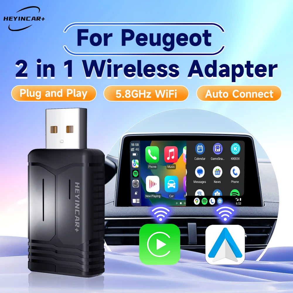 2026 Neuer HEYINCAR 2-in-1 Kabelloser Android Auto Adapter Carplay Wireless für Peugeot 208 308 408 508 2008 3008 4008 5008 Image