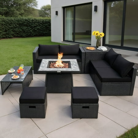 YYAo Garden Conversation Table Set Conversation Loveseat Chairs Set 9 Pieces Outdoor Wicker Sectional with 35 Inch Gas Fire Pit Table-Black