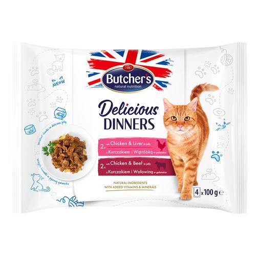 32x100g Butcher's Delicious Dinners Katze Mix: Huhn & Leber, Huhn & Rind Nassfutter