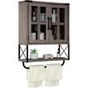 Farmhouse Medicine Cabinet with Cross Glass Doors, 3-Tier Rustic Bathroom Cabinet with Adjustable Shelves and Towel Bar