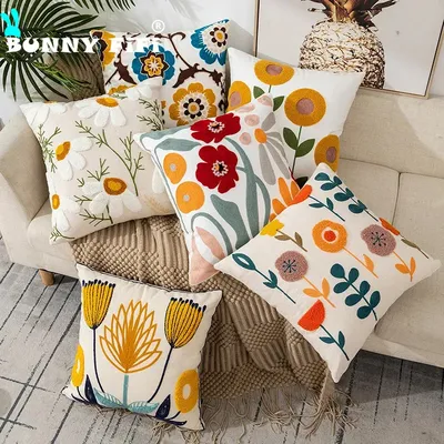 Blumen bestickter 45 x 45 cm großer Überwurf-Kissenbezug mit pastoralem Stil, Image