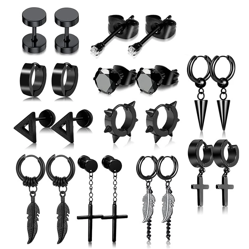 2–11 Paare/Set Ohrringe für Männer, schwarze Edelstahl-Ohrringe, Ohrstecker-Set, modischer Piercing-Schmuck, Kreuz-Ohrringe-Set Image